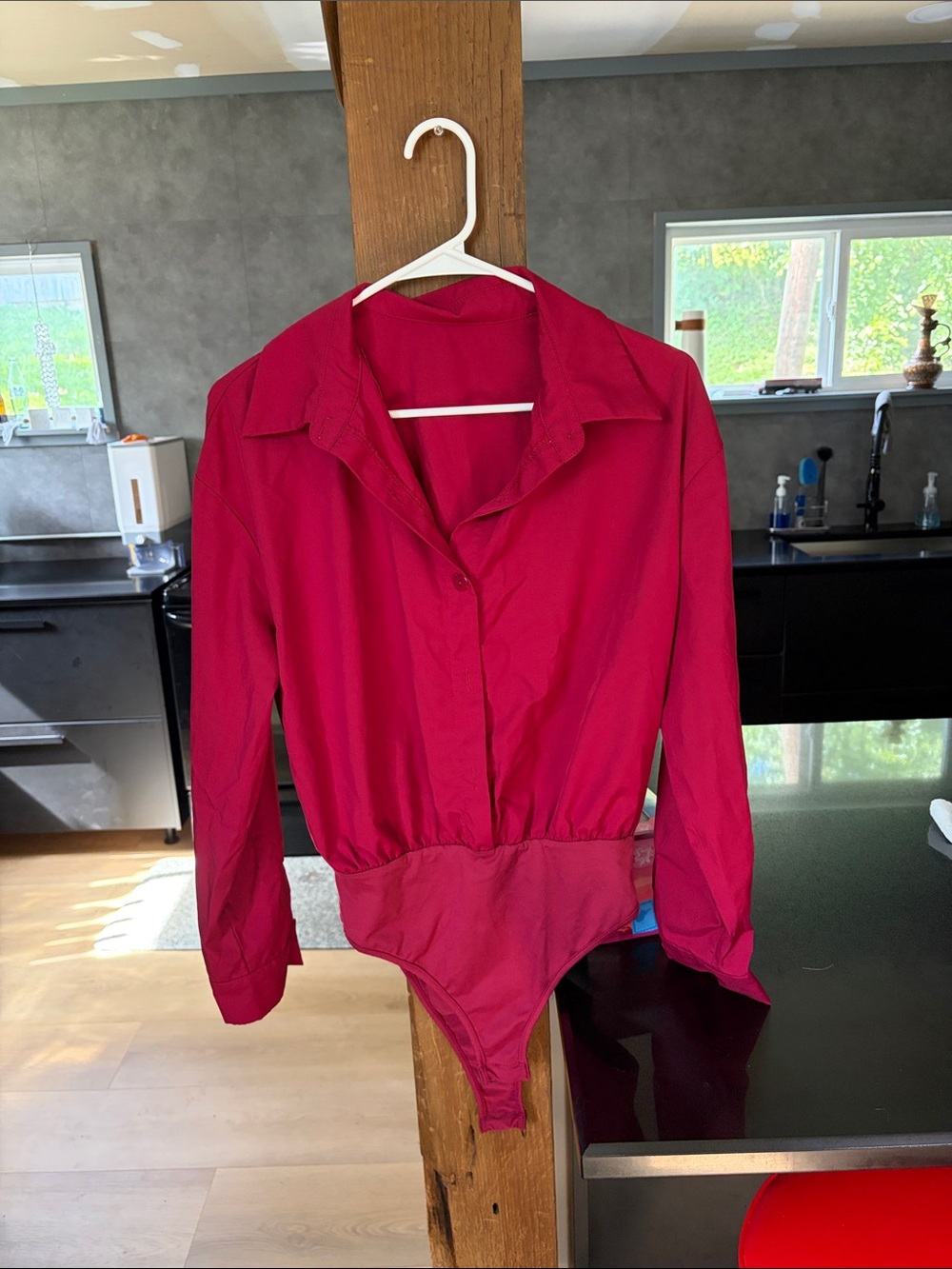 SHEIN Women's Red Long-Sleeve Collared Bodysuit